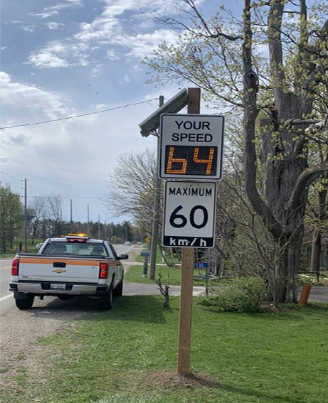 Permanent Radar board showing a speed of 64km