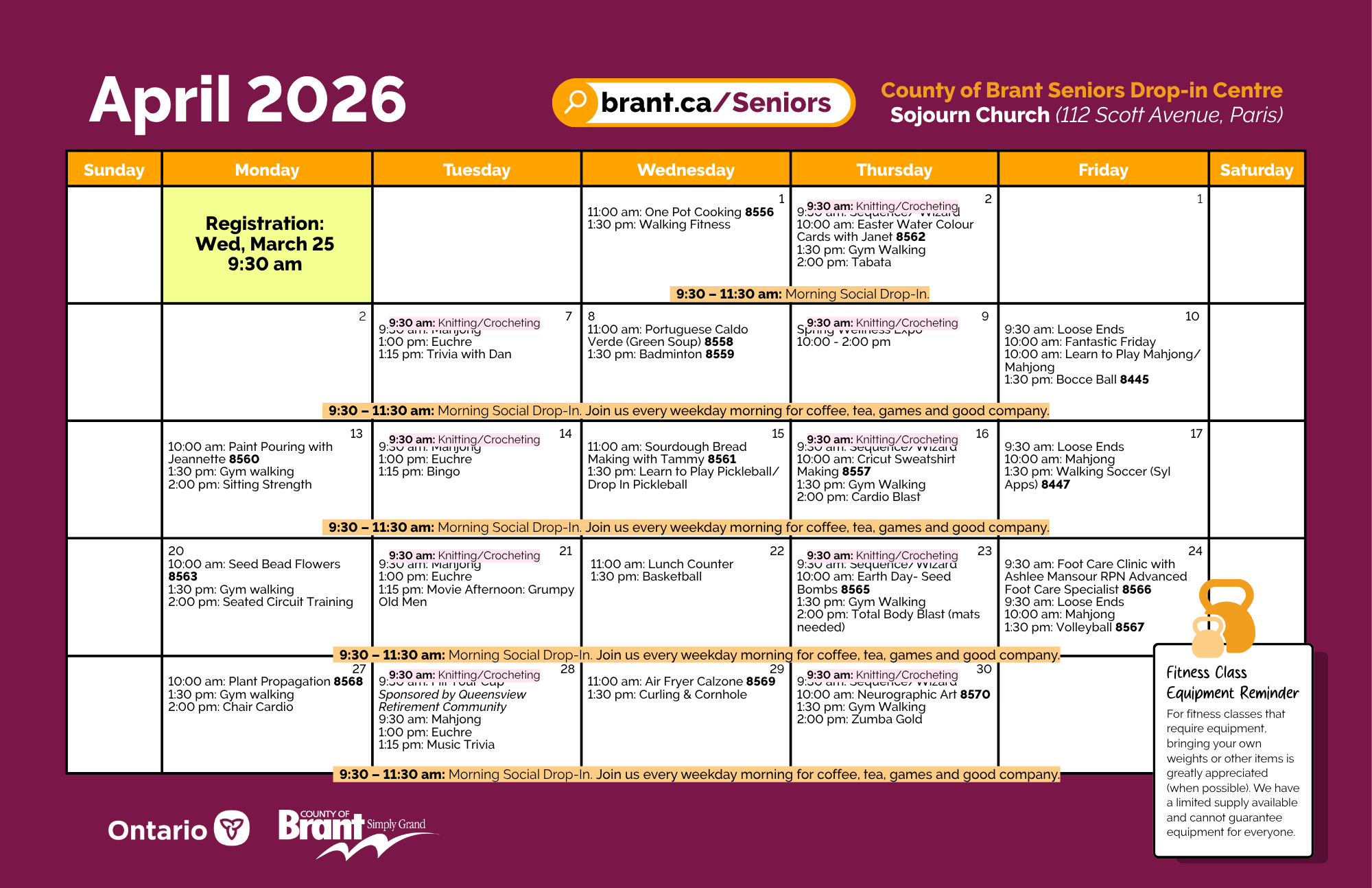 Seniors Centre April 2026 Calendar