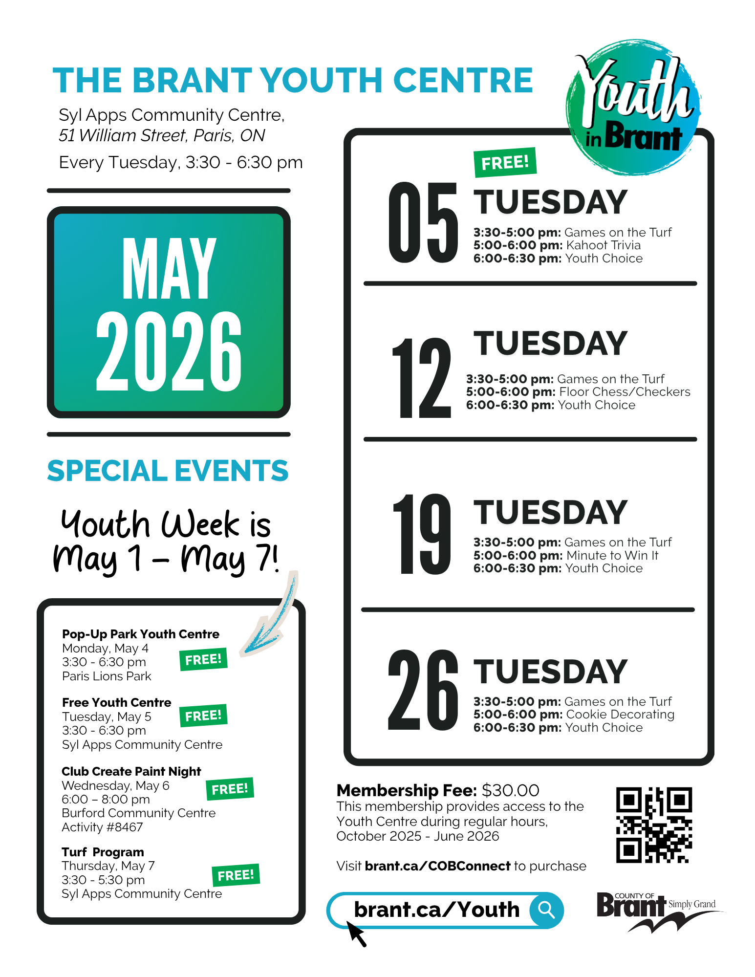 Brant Youth Centre May Schedule